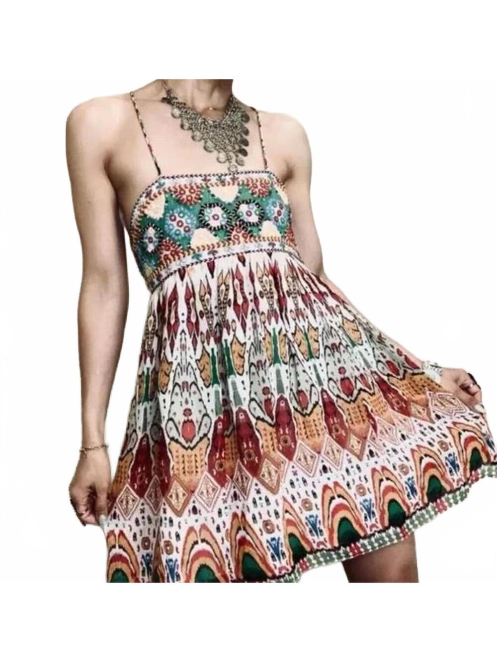 Zara Embroidered Ikat Print Backless Sundress Mini Boho Festival Beach Cream M